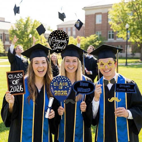 Class of 2026 Graduation Photo Booth Props Set - 35PCS Blue and Gold Graduation Party Decorations with Paper Sticks & Double-Sided Tape, Perfect for 2026 Congrat Grad Party Supplies