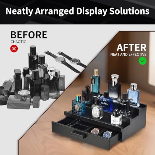 Perfume Organizer for Men, 3 Tier Wood Perfume Display Stand with Velvet Lining Drawer and Hidden Compartment for Watch,Jewelry,Perfume Display Risers,A Gift for Men (Black) - style: 3 Tier - Black