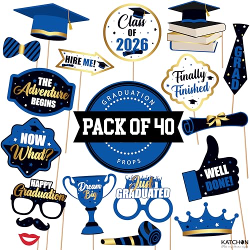 KatchOn, Graduation Photo Props 2026 - Pack of 40 | Blue and Black Grad Party Decorations | Grad Photo Props 2026 | 2026 Graduation Decorations