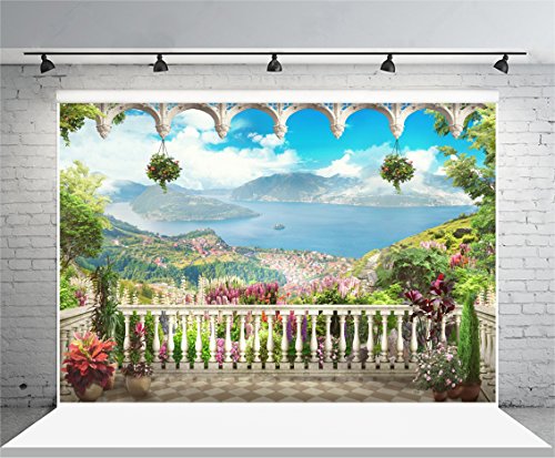 AOFOTO 5x3ft Garden Terrace Backdrop Beautiful Gallery Scenery Photography Background Kid Girl Artistic Portrait Seascape Romantic Retro Photo Shoot Studio Props Video Drop Vinyl Decor Wallpaper Drape - size: 5x3ft