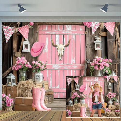 7 x 5 ft Pink Western Cowgirl Backdrop Rustic Barn Rose Flowers Wild West Photography Background for Girls Western Cowgirl Bridal Baby Shower Birthday Party Decorations Supplies Banner - color: Multi1, size: 7x5ft