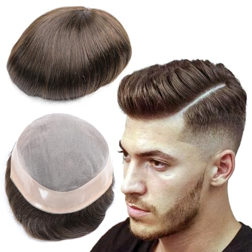 Mens Toupee Hair System 7x9 Inch Toupee for Men 100% Human Hair Durable Mono Lace with NPU Base Color 2# 6 Inch Length Peluquin Para Hombre Replacement Unit Undetectable Mens Hairpiece - color: 2# dark brown - Mono NPU, size: 7x9 Inch