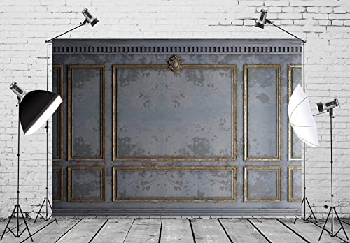 5x3ft Fabric Classic Gray Panels Backdrop Golden European Frame Vintage Wall Retro Golden Stucco Panels Wall Backdrop Houses Flats Interior Decor Wedding Baby Shower Photo Studio Props - size: 5x3FT