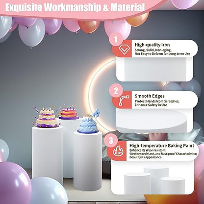 3PCS Iron Round Cylinder Display Plinth Pillars,White Cylinder Pedestal Stands,Pedestal Stand Cover Pillar, High Temperature Paint Treatment,Thickened Panels,for Wedding Party Romantic Decor
