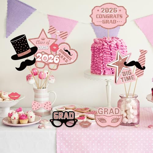 Blulu 24 Pieces 2026 Graduation Party Photo Booth Props Kit, Funny Graduation Party Selfie Props, Selfie Photo Frame for High School and College Grad Favors Supplies(Pink) - color: Pink