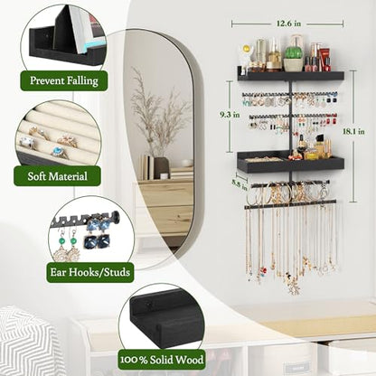 Keebofly Wall Mounted Jewelry Organizer with 2 Tired Shelves & Ring Holder- Jewelry Holder Wall Storage Display for Earrings, Necklace, Bracelet in Bathroom Bedroom, Black - color: Black with 2-Tiered Shelf and Ring Holder