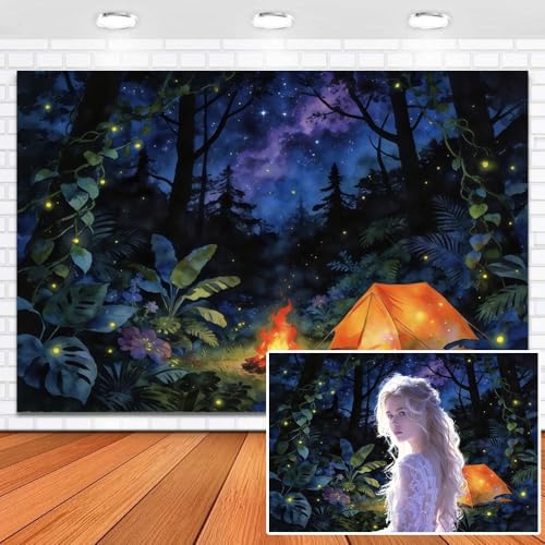 Camping Forest Scene Backdrop 8x4ft Vinyl Campfire Night Forest Camp Scene Summer Background for Photography Birthday Camping Party Decor Potrait Photo Props - color: black forest, size: 8x4ft