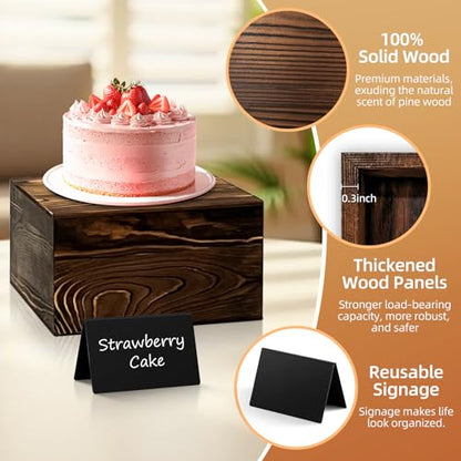 6 Pcs Buffet Risers and stands with Food Signs, Food Risers for Buffet Table, Rustic Wood Cake Stand, Wood Risers Display Stands for Decor, Party, Birthday, Wedding, Baby Shower