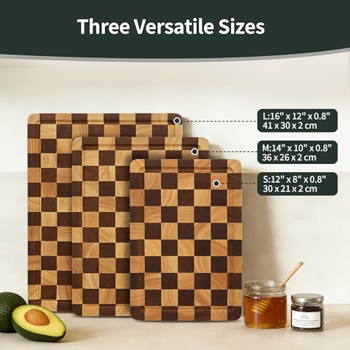 WILLKOMMEN Checkered Cutting Board Set, 3-Piece Wood Checkerboard End Grain Chopping Boards with Holder & Juice Groove Wooden Kitchen Cutting Board for Cooking and Serving (S, M, L) - style: Checkerboard set of 3
