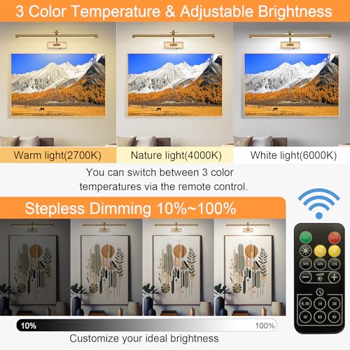 Tassuowell Picture Light Battery Operated with Remote, 3CCT Dimmable Picture Light for Paintings, Brass Rechargeable 24 inch Battery Operated Wall Sconce for Art Lighting Gallery Portrait Artwork - color: Brass, size: 23.6inch
