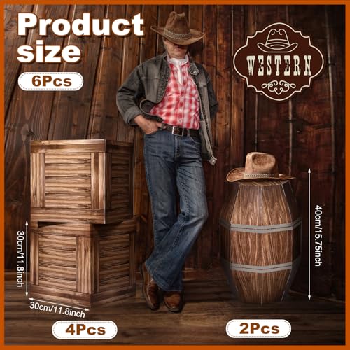 Bucherry 6 Set Western Cowboy Party Decorations 4 Pcs 11.8'' Wood Grain Boxes 2 Pcs 15.75'' Wine Barrel Boxes for Wild West Party Decor Western Photo Booth Props Vintage Rustic Farmhouse Pirate Decor