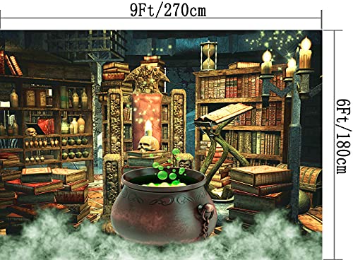 Halloween Photography Backdrop Witch Magic Cauldron Bookshelf in Spooky Room Party Decoration Portrait Background Vinyl Photo Studio Booth Props PGT646B 9x6ft - size: 9'X6'