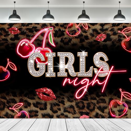 Girls Night Backdrop 7Wx5H Feet Leopard Print Cheetah Print Neon Red Cherry Lips Birthday Decor Vintage Woman Girly Fabric Polyester Photography Background Banner Photo Shoot Decor Prop - color: A-01leopard cherry, size: 7Wx5H