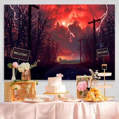 Red Horrors Forest Backdrop Sky Lightning Banner Background Birthday Backgrounds Party Home Decoration Photo Studio Props 82.68x59 in YUNHBDJ855 - size: 82.68*59 IN