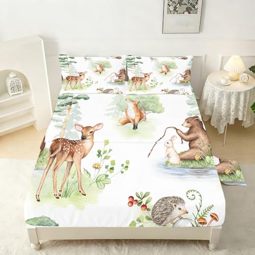 Kids Wildlife Sheet Set Forest Animals Fitted Sheet Set Full Size for Kids Cartoon Sheet for Bedroom Soft Microfiber 4-Piece Sheet Set 1 Fitted Sheet+1 Flat Sheet+2 Pillowcases Bedding Set - color: Light Green, size: Full