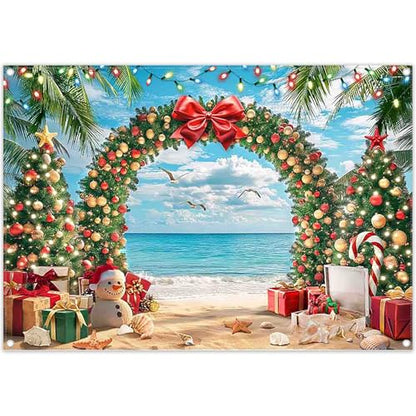 7x5ft Fabric Christmas Beach Backdrop Summer Xmas Tree Snowman Arch Seagull Tropical Hawaiian Photography Background Family Holiday Party Decor Photo Props - size: 7'x5'