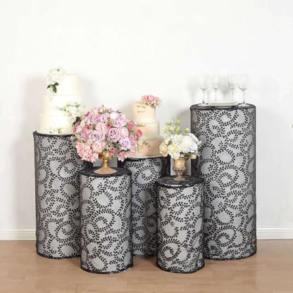 Efavormart Set of 5 Black Sequin Mesh Cylinder Display Box Stand Covers with Leaf Vine Embroidery, Sparkly Sheer Tulle Pedestal Pillar Prop Covers - color: Black, size: Sequin Mesh Cylinder Covers - Leaf Pattern