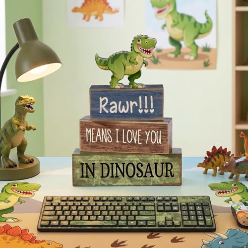 Lineshading 4 Pcs Dinosaur Table Decorations Wooden Dinosaur Decor Dino Safari Party Centerpieces for Table Jungle Animal Theme Baby Shower Tabletop Stand for Boys Girls Birthday Party Decorations - style: Dinosaur