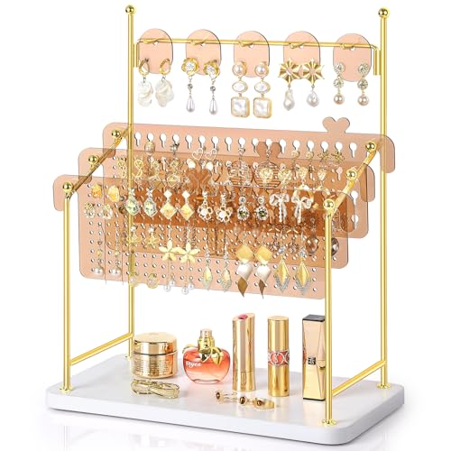 Earring Organizer, Earring Holder Display Stand with 3 Earring Storage Pegboards 568 Holes, Jewelry Organizer with Hook Rack for Stud Earrings Necklace, Acrylic Large Jewlery Hanger Towers for Women - color: Gold