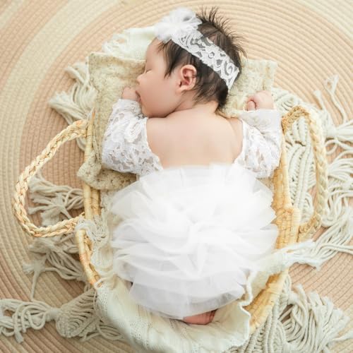 Newborn Photography Outfits Girl Baby Photography Props Lace Romper with Headress Newborn Outfits Girls Photo Props - color: White