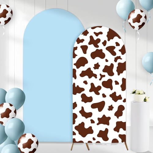 2Pcs Cow Print Arch Backdrop Covers Set Light Blue Brown(7.2ft+6ft), Spandex Fitted Arch Stand Covers for Baby Shower Birthday Bridal Shower Western Farm Cowboy Photo Booth Background - color: Light Blue & Brown-Cow Print, size: 7.2FT/6FT