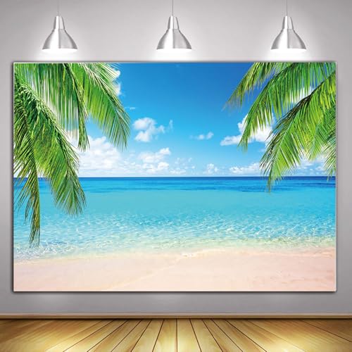 Summer Tropical Beach Photography Backdrops Seaside Island Palm Trees Photo Blue Sky White Clouds Background for Hawaii Pool Party Luau Theme Decoration Studio Props Banner (7x5 FT) - size: 7x5 FT