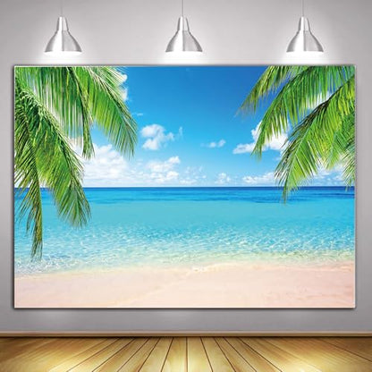 Summer Tropical Beach Photography Backdrops Seaside Island Palm Trees Photo Blue Sky White Clouds Background for Hawaii Pool Party Luau Theme Decoration Studio Props Banner (7x5 FT) - size: 7x5 FT