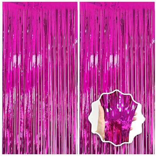 2 Pack Hot Pink Backdrop Party Decorations Tinsel Foil Fringe Curtain Backdrop Streamer Photo Booth for Wonmen Girl Pink Theme Princess Bachelorette Graduation Birthday Party Decorations - color: Hot Pink