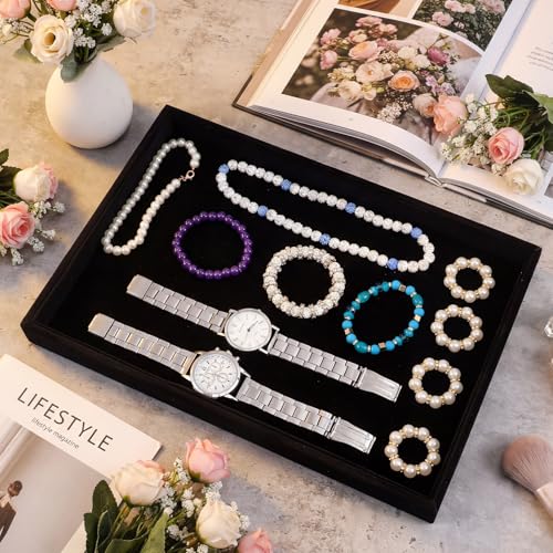6 Pcs Velvet Stackable Jewelry Tray, Jewelry Organizer and Display for Bracelets Rings Earrings Necklaces, for Drawer and Countertop Showcase, Black