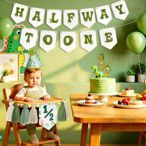 THAWAY 1/2 Birthday Dinosaur Half Birthday Decorations - Green It's My 1/2 Birth Banner Glitter Cake Topper Tassel Wood Bead High Chair Banner & Cone, Hat Halfway to One Party Supplies - color: Dinosaur Green