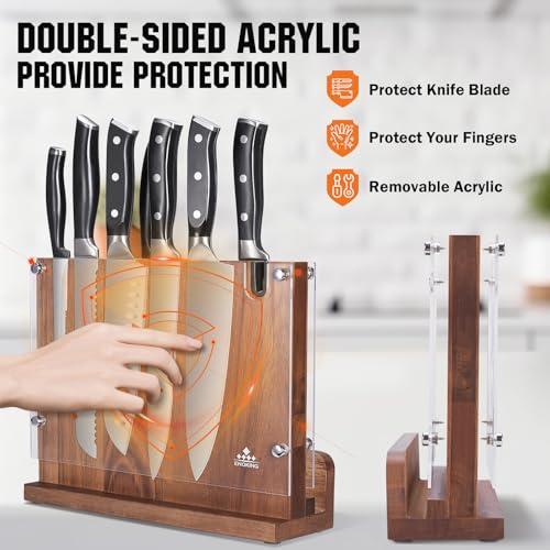 ENOKING Magnetic Knife Block 12.2 x 9.3", Double Sided Magnetic Knife Holde with Knife Sharpener, Acacia Wood Magnetic Knife Stand with Acrylic Shield for Kitchen Countertop - size: 12.2*9.3 inches