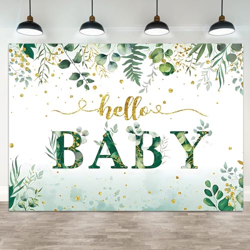 5x4ft Baby Shower Backdrop Oh Baby Photography Background Green Eucalyptus Leaves Girls Boys Kids Party Banner Decorations Watercolor Plant Gold Glitter Dot Newborn Parties Photo Booth Prop - color: Color 1, size: 5x4ft