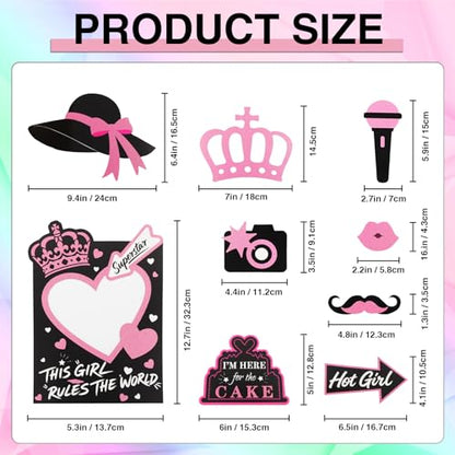 Hot Pink Glitter Photo Booth Props 31 Count, for Birthday Wedding Bachelorette Single Parties, Rose Golden Cute Funny Designs Birthday Decoration for Women Girls Bday Party Supplies