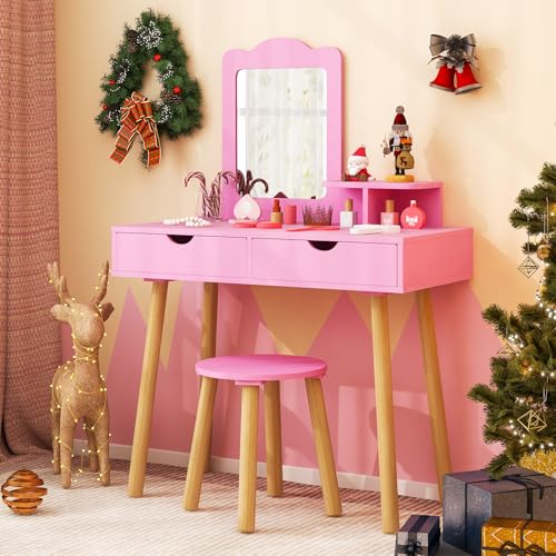 Costzon Kids Vanity Set, Girls Vanity Set with Mirror and Stool, 2 Large Drawers, Storage Shelf, Wooden Princess Makeup Dressing Table, Vanity Table and Chair Set for Toddlers (Pink) - style: Pink with Square Mirror