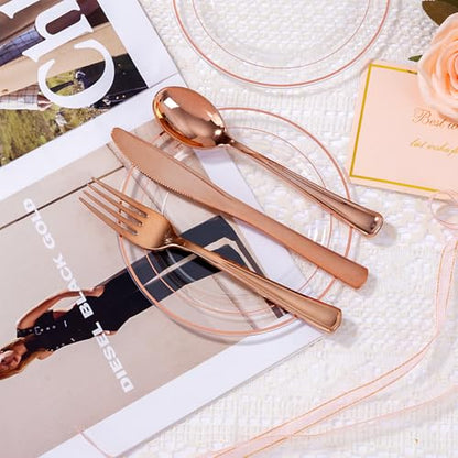bUCLA 100PCS Clear Rose Gold Plastic Plates Disposable - Heavy Duty 6.25 Inch Clear Plastic Dessert Plates with Rose Gold Trim - Ideal for Party, Wedding & Mother's Day - color: Clear Rose Gold