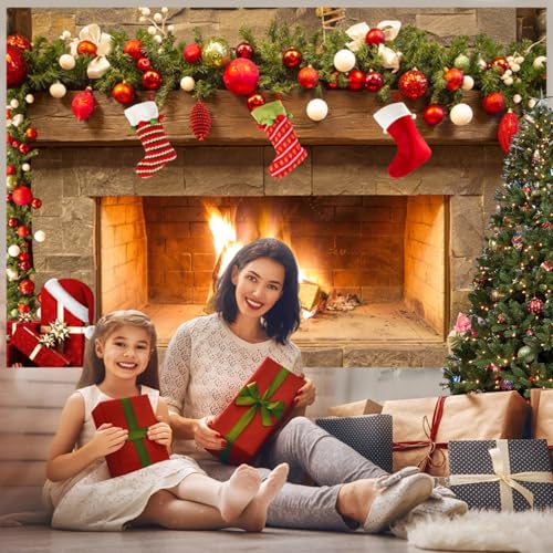 Mocsicka 7x5ft Fireplace Backdrop Christmas Fireplace Photography Background for Wall Winter Holiday Family Merry Christmas Eve Party Decorations Banner Portrait Photo Booth Props ﻿ - size: 7x5ft