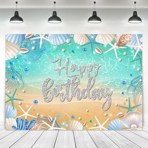 Beach Ocean Backdrop 7Wx5H Feet Fabric Polyester Summer Happy Birthday Coastal Beachy Sea Blue Starfish Seashell Mermaid Diamonds Pearl Photography Background Banner Photo Shoot Decor Prop - color: B 01beach, size: 7Wx5H