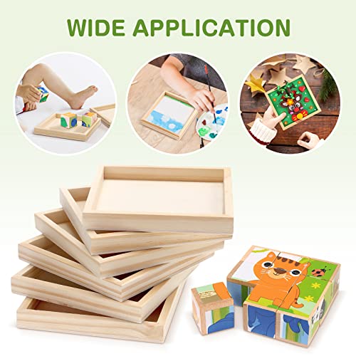 6pcs Unfinished Art Wood Tray Craft Painting Wood Panel Boards Square Montessori Tray Wooden Canvas Boards with Frame for Home Decor and Craft Projects - Painting Puzzle Blocks for Kids, 4.7"