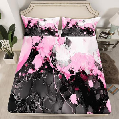 Abstract Art Fitted Sheet Light Pink Bed Sheets | Ombre Marble Texture Ink Fluid Art Gradient Black Marbling Sheets Queen Size Bed Set - color: Light Pink, size: Queen