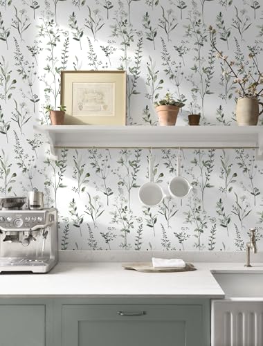 Peel and Stick Wallpaper Green Leaves Wall Paper White Boho Contact Paper 17.3"×393" Left Self-Adhesive Removable for Bedroom Leaf Waterproof Shelf Liner Decal Vinyl Roll - color: Green, size: 17.3" x 393"
