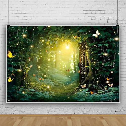 Laeacco Enchanted Forest Backdrop Polyester 6x4FT Fairy Tale Forest Photography Background Wonderland Fireflies Butterfly Newborn Baby Shower Birthday Party Decor Banner Photo Booth Studio Shoot Props - size: 6x4FT-Polyester