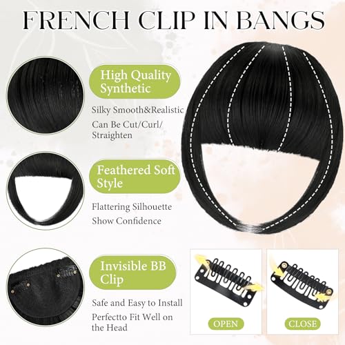Bangs Hair Clip in Bangs, French Dark Black Fake Bangs Hair Clip on Bangs for Women Fringe with Temples Hairpieces Faux Bangs for Daily Wear - color: Dark Black