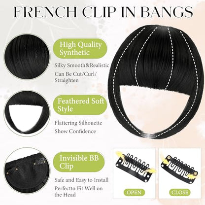 Bangs Hair Clip in Bangs, French Dark Black Fake Bangs Hair Clip on Bangs for Women Fringe with Temples Hairpieces Faux Bangs for Daily Wear - color: Dark Black
