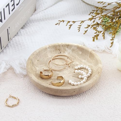Small Natural Marble Jewelry Tray Key Plate Holder Dish Trinket Decor Catch All Bowl for Ring Earring Stone Gift for Women Daugther,Beige Travertine，5.5" - color: Beige Travertine