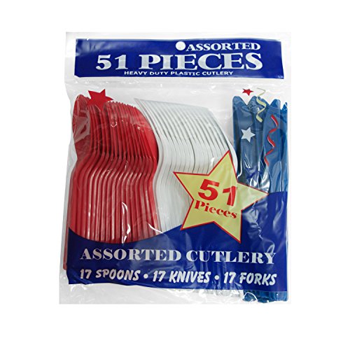 Party Essentials Patriotic Assortment Hard Plastic Combo Pack, Disposable Cutlery Sets, 51 Pieces/ 17 Place, Red/White/Blue - size: 51 Pieces/ 17 Place Settings