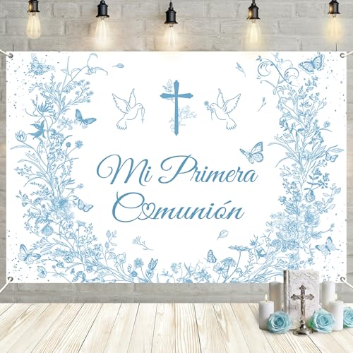 MEHOFOND 8x6ft Mi Primera Comunión Backdrop Vintage Floral Baptism Decorations Blue Flower First Holy Communion Photography Background God Bless Christening Party Backdrop Banner Photo Booth Props - color: Blue, size: 8x6ft