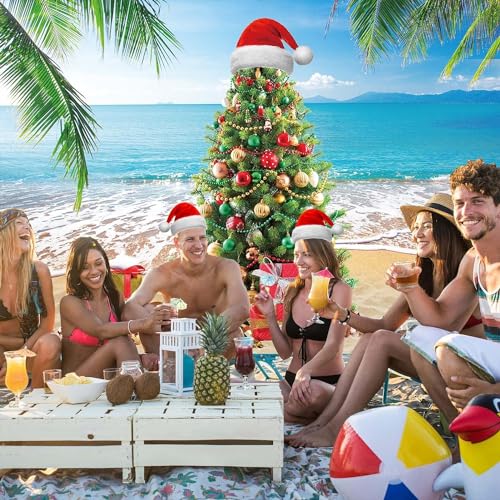 Summer Christmas Tree Backdrop Tropical Beach Xmas in July Photography Background Palm Leaves Blue Sky Ocean Christmas Family Holiday Party Photo Backdrop (10x8FT(120x96 inch)) - size: 10x8FT(120x96 inch)
