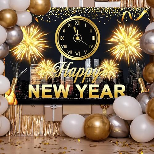 Withu 2026 Happy New Year Backdrop Black Night Glitter Gold Fireworks City Clock Countdown Festival Family Friends Merry Christmas Eve Photo Background Party Decorations Banner 7x5ft