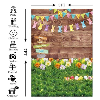 5x7ft Polyester Spring Backdrop Easter Photography Background Eggs Road Sign Wooden Wall Flowers Grass for Kids Newborn Party Decoration Portrait Photo Booth Props - size: 5'x7'