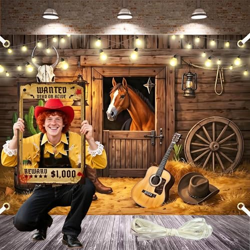 Large Western Backdrop for Photoshoot 8x6Ft Cowboy Backdrop Wild West Wooden Barn Horse Photo Background with 19.68Ft Ribbon and Wanted Photo Booth - color: Western, size: 8x6 Ft